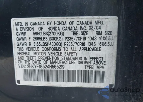 2004 Honda Pilot Exl из США, поврежденный, VIN 2HKYF18524H565219